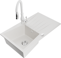 Mexen Cesar granite sink 1-bowl with drainer and Savita kitchen faucet, white - 6514-20-672601-20