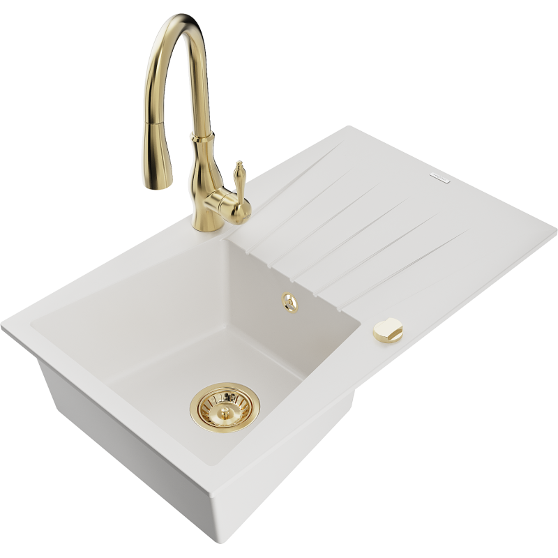 Mexen Cesar 1-compartment granite sink with a drip tray and kitchen mixer tap Savita, White - 6514-20-672601-50