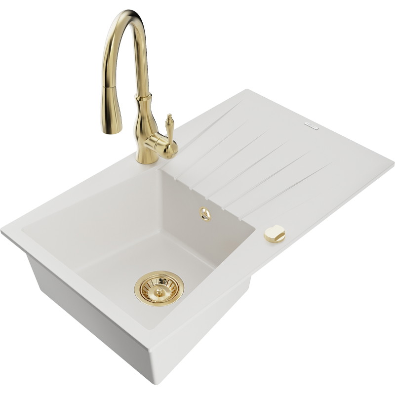 Mexen Cesar granite sink 1-bowl with drainer and Savita kitchen faucet, white - 6514-20-672601-50