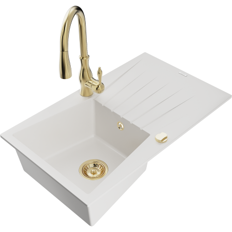 Mexen Cesar granite sink 1-bowl with drainer and Savita kitchen tap, white - 6514-20-672601-50