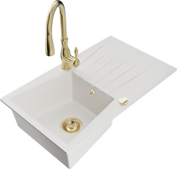 Mexen Cesar granite sink 1-bowl with drainer and Savita kitchen faucet, white - 6514-20-672601-50