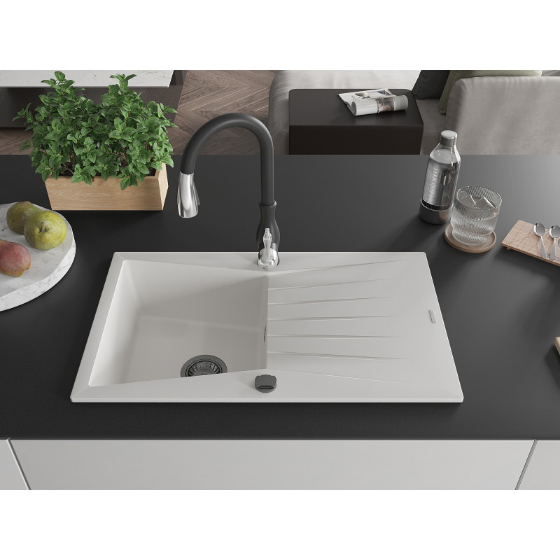 Mexen Cesar granite kitchen sink single-bowl with drainer and Savita kitchen faucet, white - 6514-20-672601-70