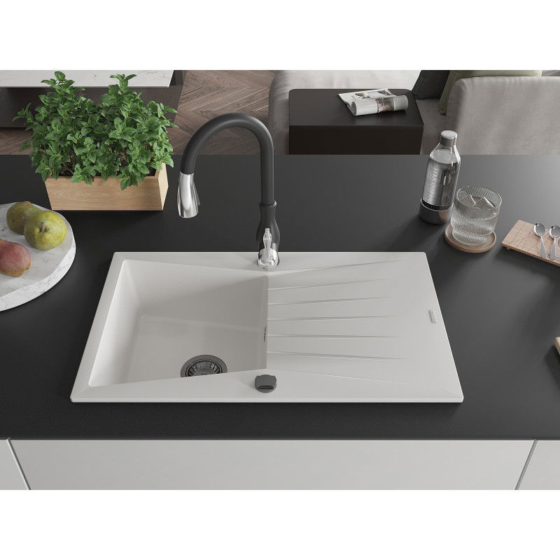 Mexen Cesar single-bowl granite sink with drainer and Savita kitchen tap, white - 6514-20-672601-70