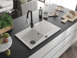 Mexen Cesar 1-compartment granite sink with a drip tray and kitchen mixer tap Savita, White - 6514-20-672601-70