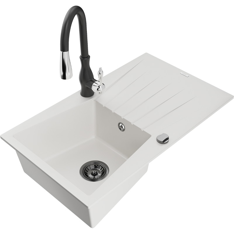 Mexen Cesar granite kitchen sink single-bowl with drainer and Savita kitchen faucet, white - 6514-20-672601-70