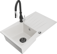 Mexen Cesar single-bowl granite sink with drainer and Savita kitchen tap, white - 6514-20-672601-70