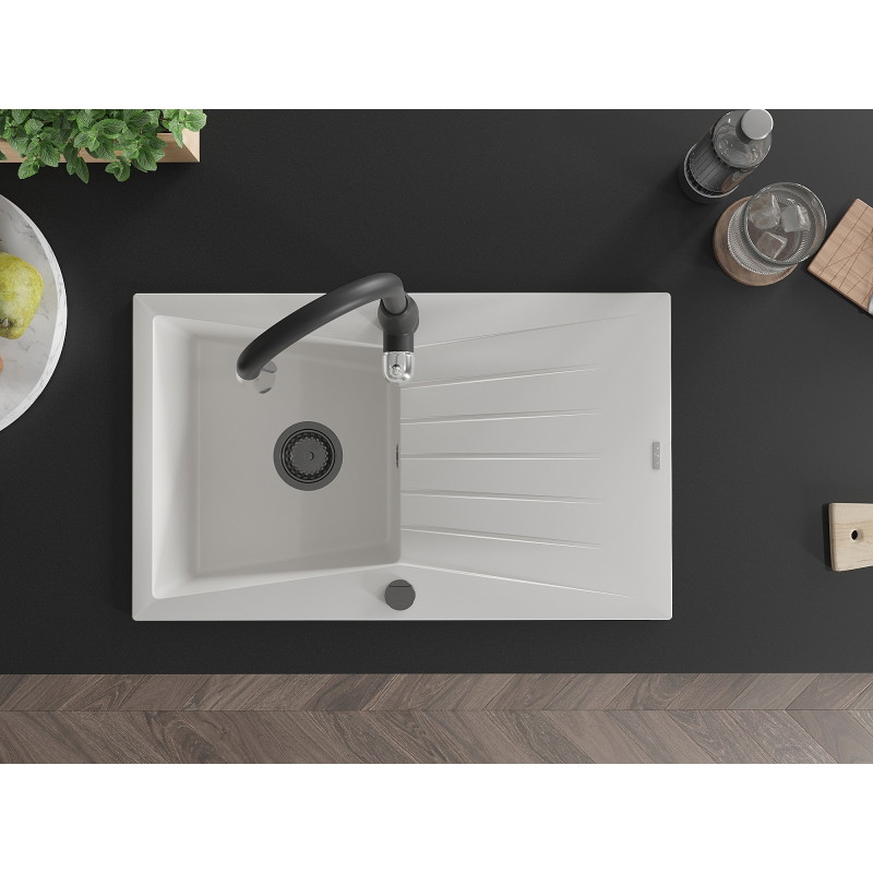 Mexen Cesar granite kitchen sink single-bowl with drainer and Savita kitchen faucet, white - 6514-20-672601-70
