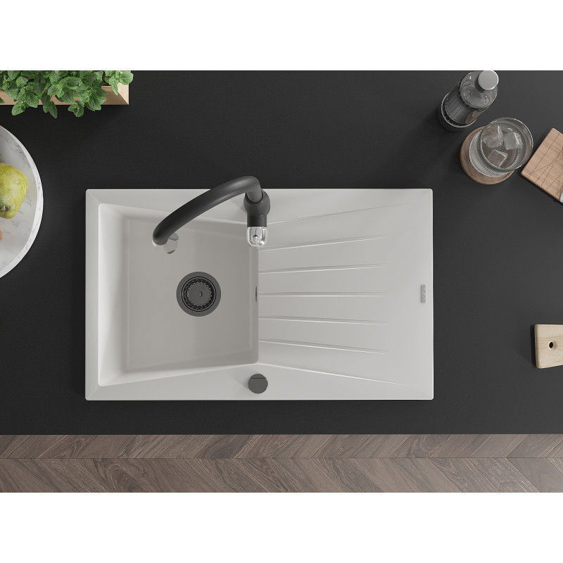 Mexen Cesar single-bowl granite sink with drainer and Savita kitchen tap, white - 6514-20-672601-70