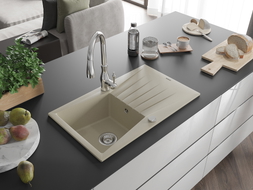 Mexen Cesar 1-bowl granite kitchen sink with drainer and Savita faucet, beige - 6514-69-672601-00