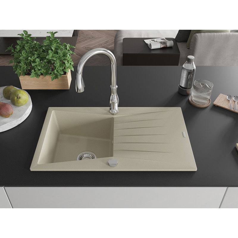Mexen Cesar granite sink, 1-bowl with drainer and Savita kitchen tap, beige - 6514-69-672601-00