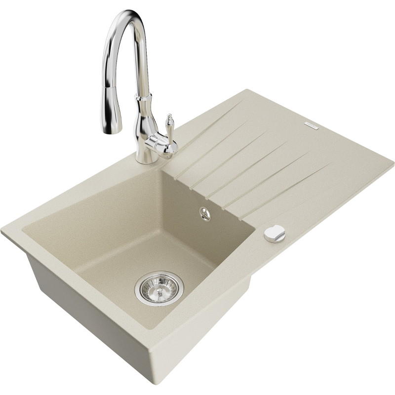 Mexen Cesar 1-bowl granite kitchen sink with drainer and Savita faucet, beige - 6514-69-672601-00