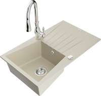 Mexen Cesar granite sink, 1-bowl with drainer and Savita kitchen tap, beige - 6514-69-672601-00