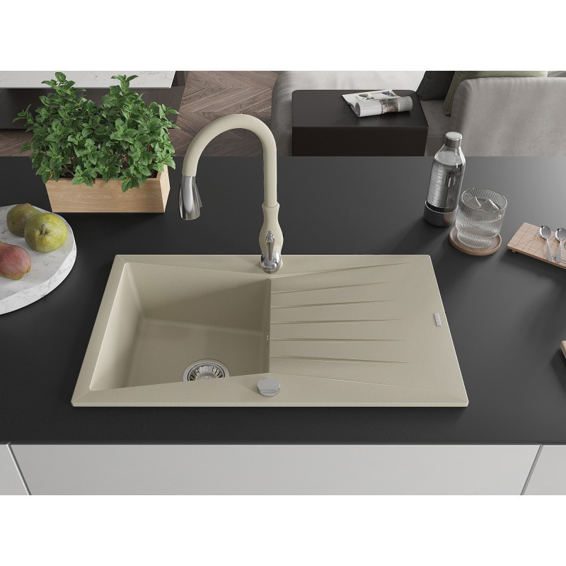 Mexen Cesar 1-bowl granite sink with drainer and Savita kitchen faucet, beige - 6514-69-672601-69