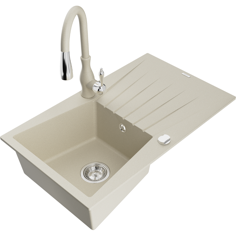 Mexen Cesar 1-bowl granite sink with drainer and Savita kitchen tap, beige - 6514-69-672601-69
