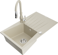 Mexen Cesar 1-bowl granite sink with drainer and Savita kitchen tap, beige - 6514-69-672601-69