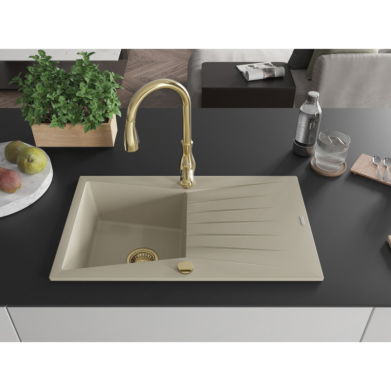 Mexen Cesar granite sink 1-bowl with drainer and Savita kitchen faucet, beige - 6514-69-672601-50