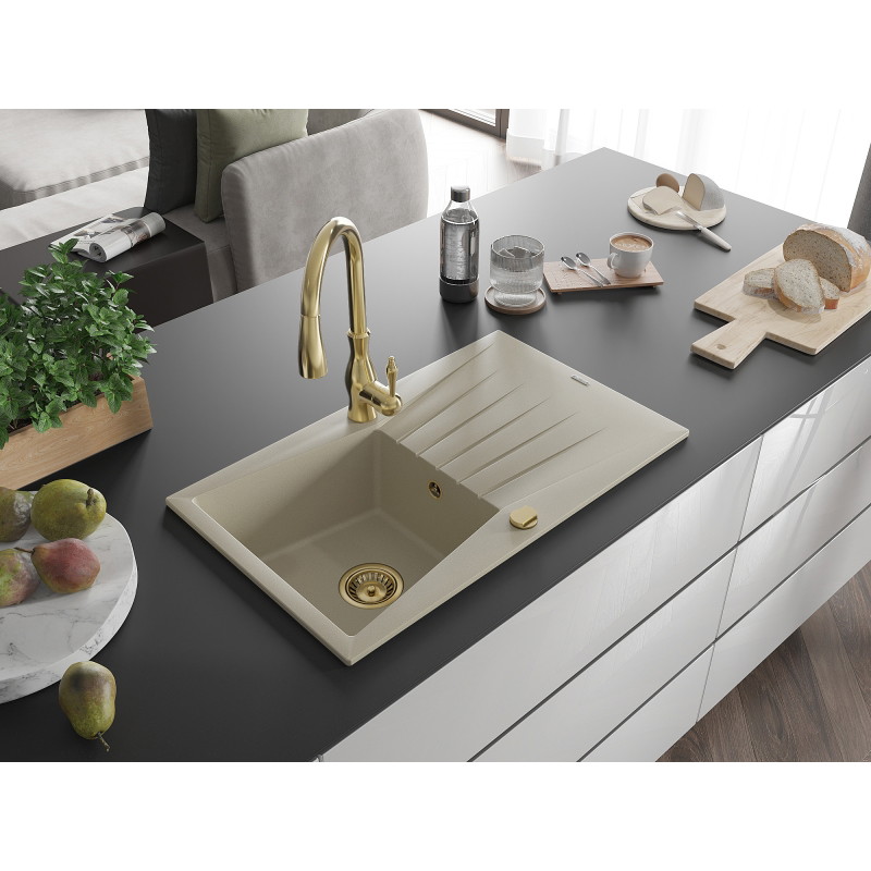 Mexen Cesar granite sink 1-bowl with drainer and Savita kitchen faucet, beige - 6514-69-672601-50