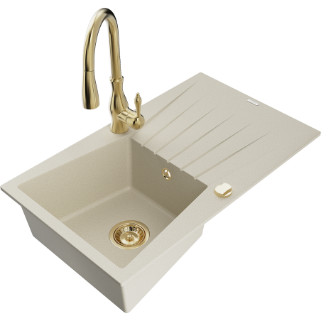 Mexen Cesar granite sink 1-bowl with drainer and Savita kitchen faucet, beige - 6514-69-672601-50
