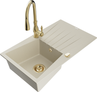 Mexen Cesar 1-compartment granite sink with a drip tray and kitchen mixer tap Savita, Beige - 6514-69-672601-50