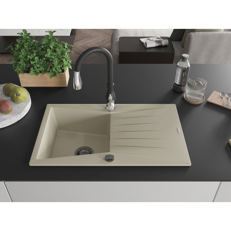 Mexen Cesar granite kitchen sink single-bowl with drainer and Savita kitchen faucet, beige - 6514-69-672601-70