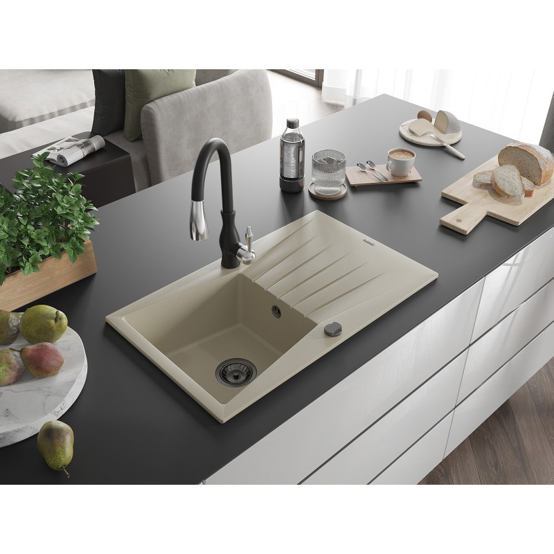 Mexen Cesar granite single-bowl sink with drainer and Savita kitchen faucet, beige - 6514-69-672601-70