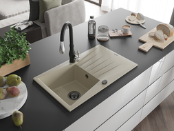 Mexen Cesar 1-compartment granite sink with a drip tray and kitchen mixer tap Savita, Beige - 6514-69-672601-70
