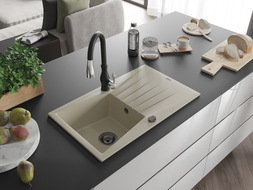 Mexen Cesar granite single-bowl sink with drainer and Savita kitchen faucet, beige - 6514-69-672601-70