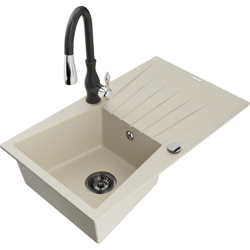 Mexen Cesar granite single-bowl sink with drainer and Savita kitchen faucet, beige - 6514-69-672601-70
