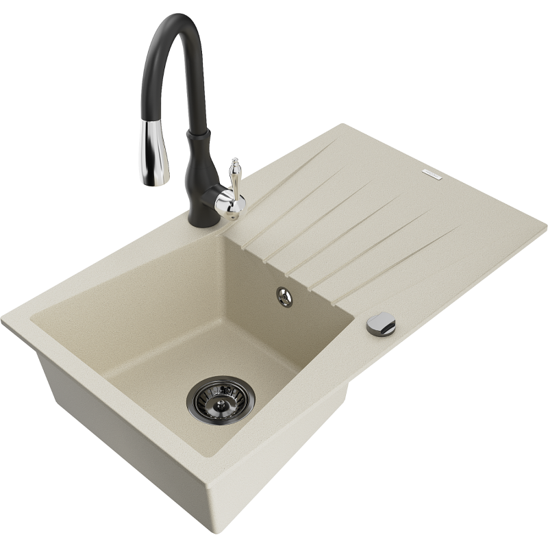 Mexen Cesar single-bowl granite sink with drainer and Savita kitchen tap, beige - 6514-69-672601-70