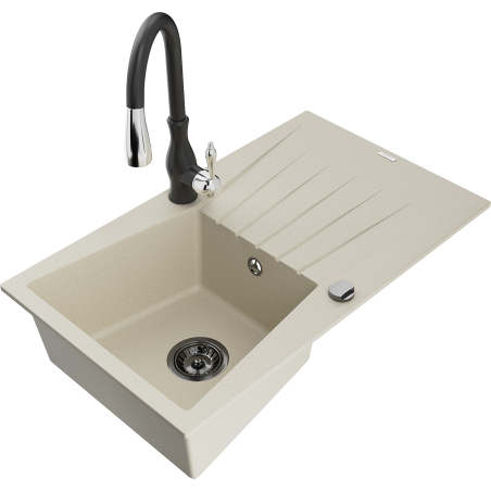 Mexen Cesar 1-compartment granite sink with a drip tray and kitchen mixer tap Savita, Beige - 6514-69-672601-70