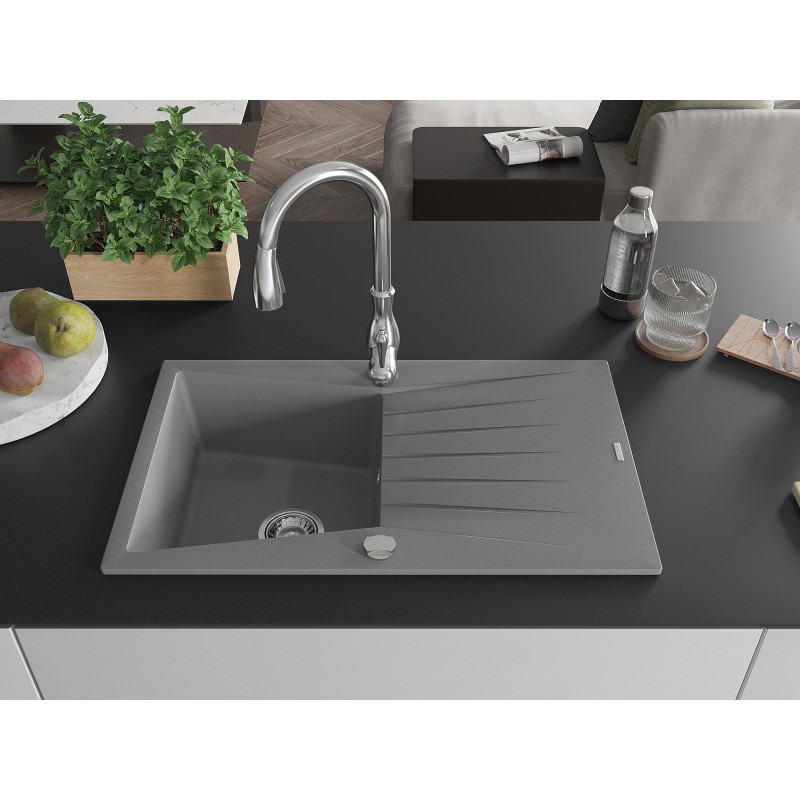 Mexen Cesar 1-bowl granite sink with drainer and Savita kitchen faucet, gray - 6514-71-672601-00