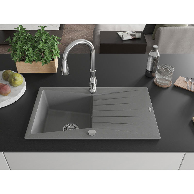 Mexen Cesar one-bowl granite sink with drainer and Savita kitchen tap, grey - 6514-71-672601-00