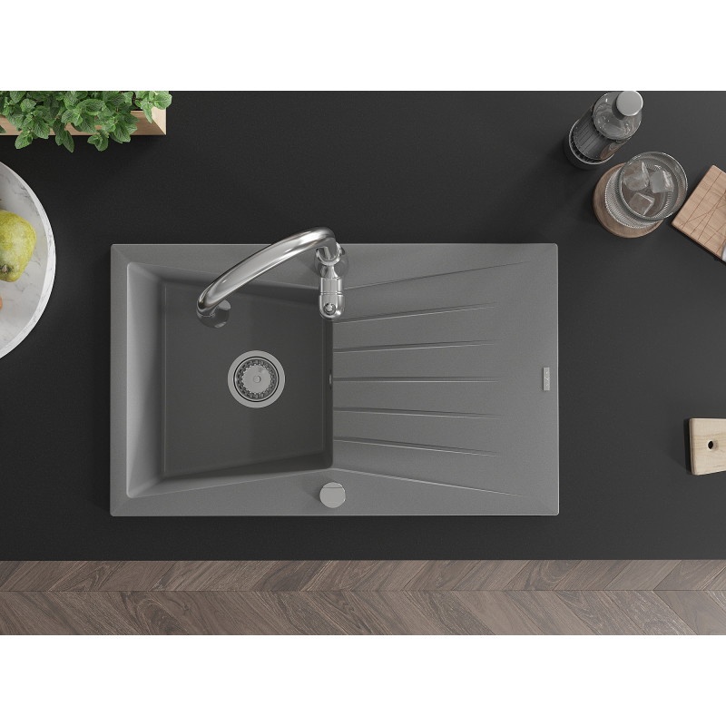Mexen Cesar 1-bowl granite sink with drainer and Savita kitchen faucet, gray - 6514-71-672601-00