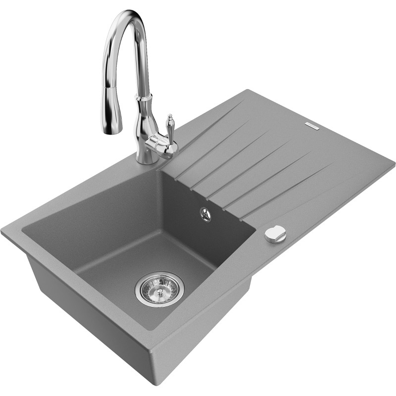 Mexen Cesar granite kitchen sink 1-bowl with drainer and Savita kitchen faucet, gray - 6514-71-672601-00