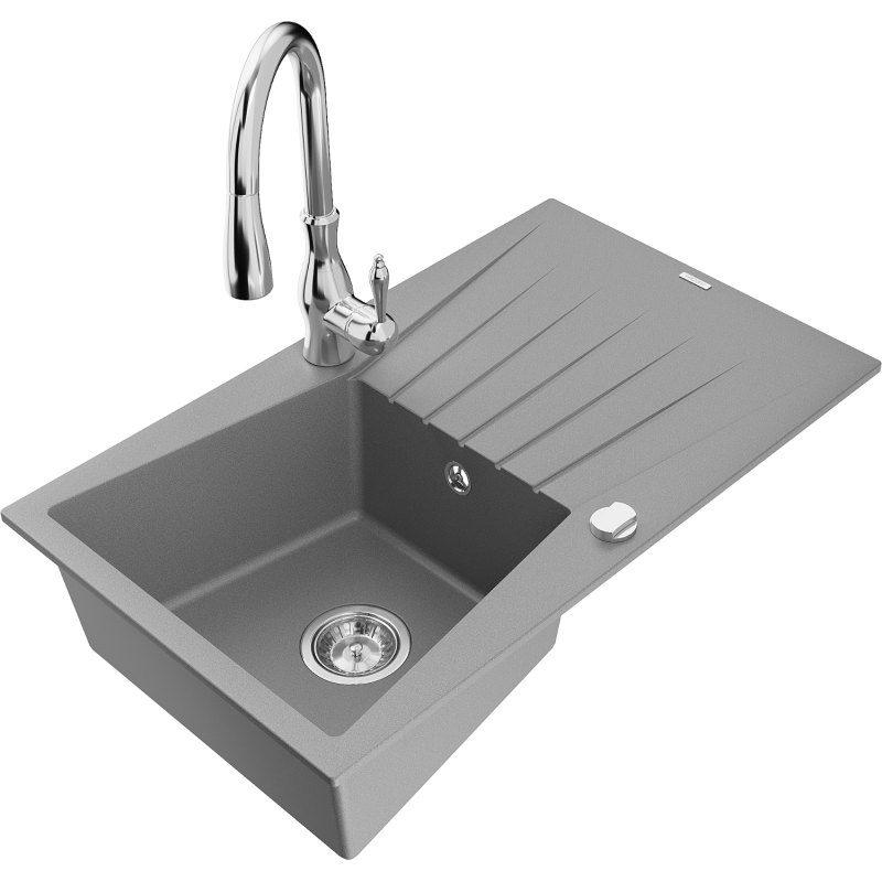 Mexen Cesar one-bowl granite sink with drainer and Savita kitchen tap, grey - 6514-71-672601-00