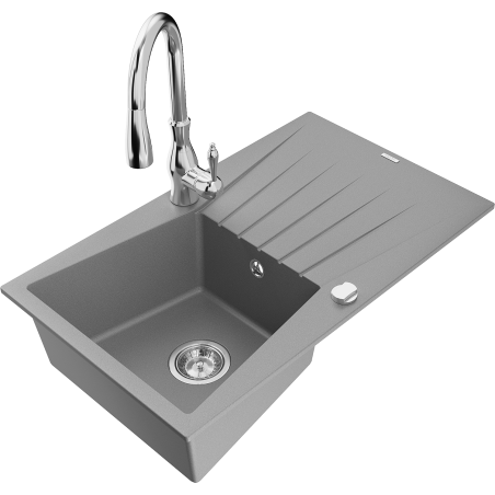 Mexen Cesar one-bowl granite sink with drainer and Savita kitchen tap, grey - 6514-71-672601-00