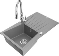 Mexen Cesar granite kitchen sink 1-bowl with drainer and Savita kitchen faucet, gray - 6514-71-672601-00
