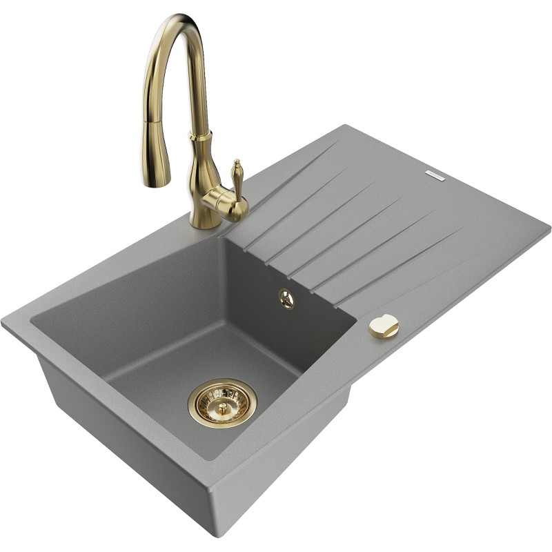 Mexen Cesar 1-bowl granite sink with drainer and Savita kitchen faucet, gray - 6514-71-672601-50