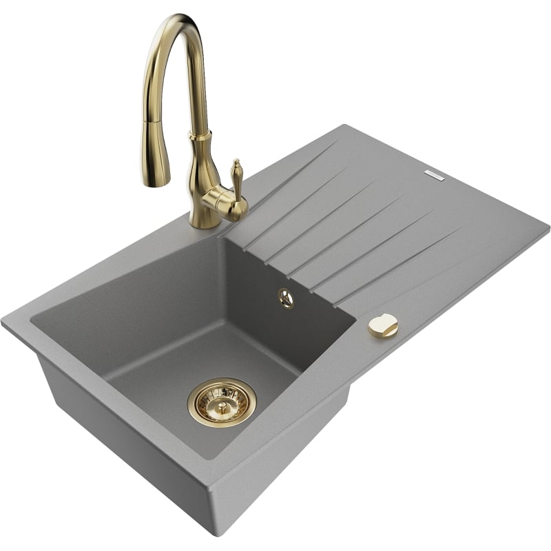 Mexen Cesar 1-chamber granite sink with drainer and Savita kitchen faucet, gray - 6514-71-672601-50