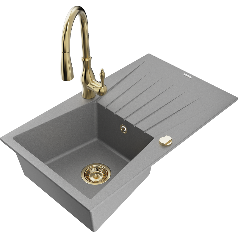 Mexen Cesar 1-compartment granite sink with a drip tray and kitchen mixer tap Savita, Grey - 6514-71-672601-50