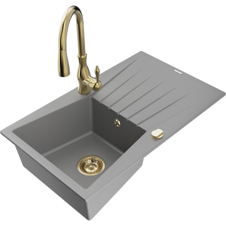 Mexen Cesar 1-bowl granite sink with drainer and Savita kitchen faucet, gray - 6514-71-672601-50