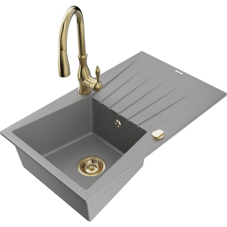 Mexen Cesar 1-chamber granite sink with drainer and Savita kitchen faucet, gray - 6514-71-672601-50