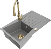 Mexen Cesar 1-compartment granite sink with a drip tray and kitchen mixer tap Savita, Grey - 6514-71-672601-50