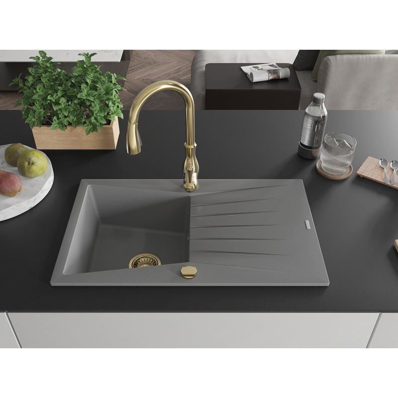 Mexen Cesar 1-bowl granite sink with drainer and Savita kitchen faucet, gray - 6514-71-672601-50