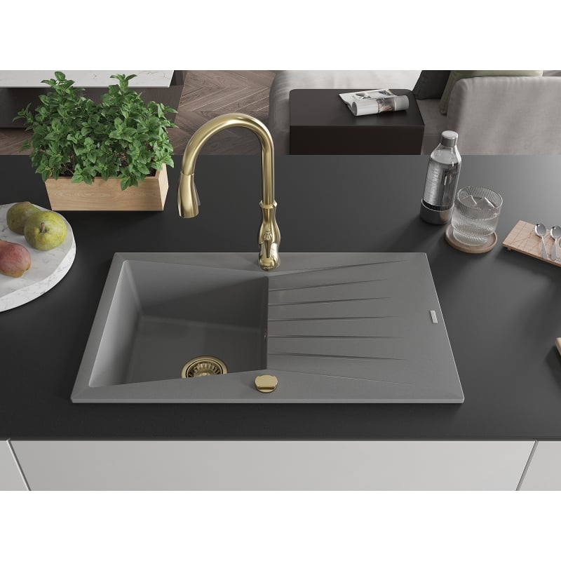 Mexen Cesar 1-chamber granite sink with drainer and Savita kitchen faucet, gray - 6514-71-672601-50
