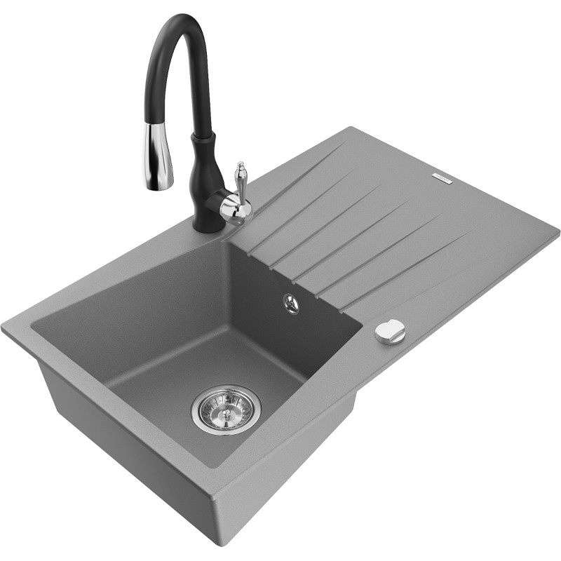 Mexen Cesar granite kitchen sink single-bowl with drainer and Savita kitchen faucet, gray - 6514-71-672601-70