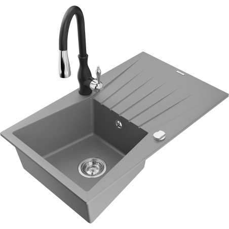 Mexen Cesar 1-compartment granite sink with a drip tray and kitchen mixer tap Savita, Grey - 6514-71-672601-70