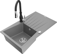 Mexen Cesar granite kitchen sink 1-bowl with drainer and Savita kitchen faucet, gray - 6514-71-672601-70