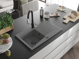 Mexen Cesar granite kitchen sink 1-bowl with drainer and Savita kitchen tap, grey - 6514-71-672601-70-B