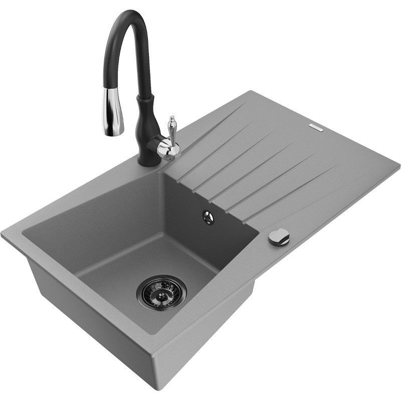 Mexen Cesar 1-bowl granite sink with drainer and Savita kitchen faucet, gray - 6514-71-672601-70-B